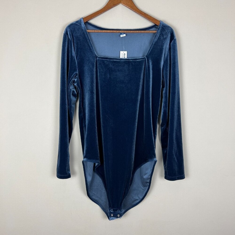 Old Navy Bodysuit Womens XXL Blue Velvet Square Neck Long Sleeve Stretch Dressy